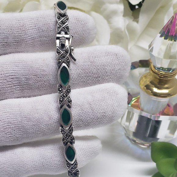 Vintage Emerald Marcasite 925 Silver bracelet - Picture 2 of 5